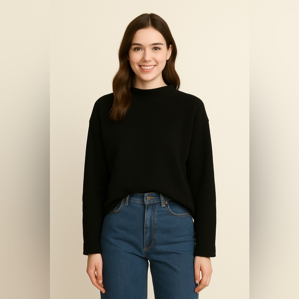 Nytt Black Mock Neck Terry Cloth Cotton Top Sz L EUC